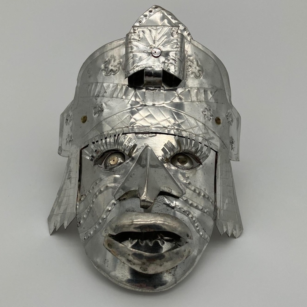 Vintage Mexican Folk Art Metal Mask Hojalata 8x6 Silver Warrior Hand Punched - Picture 1 of 12